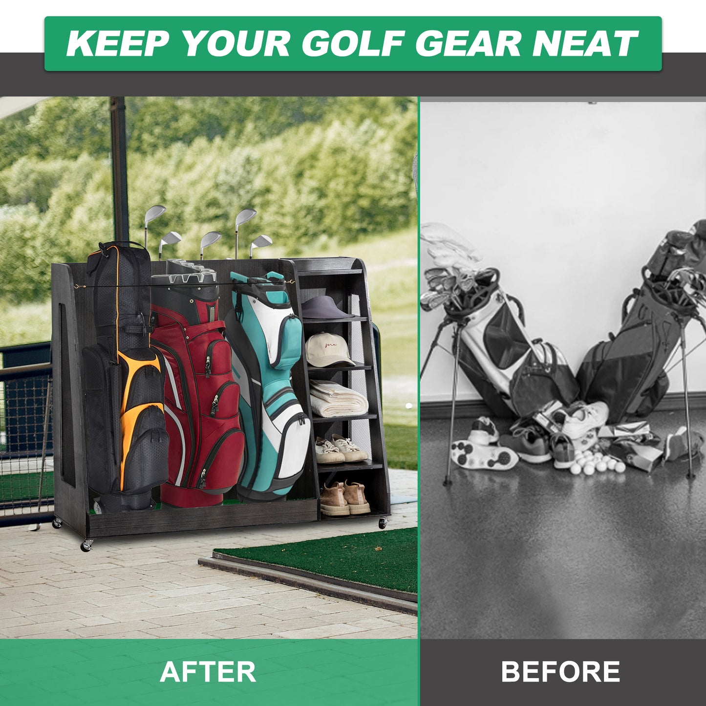 Gray Wooden Golf Bag Storage Rack with 3 Drawers, Holds 2 Stand Bags & 14+ Clubs, Organizer for Golf Balls, Shoes & Accessories, Heavy Duty for Garage, Indoor Outdoor Use, Easy Assembly