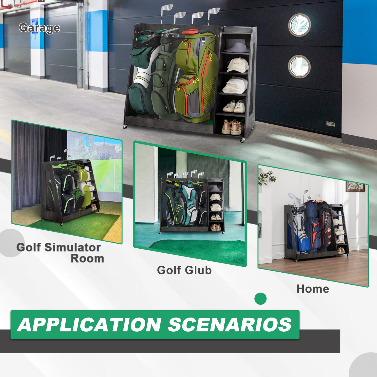 Gray Wooden Golf Bag Storage Rack with 3 Drawers, Holds 2 Stand Bags & 14+ Clubs, Organizer for Golf Balls, Shoes & Accessories, Heavy Duty for Garage, Indoor Outdoor Use, Easy Assembly