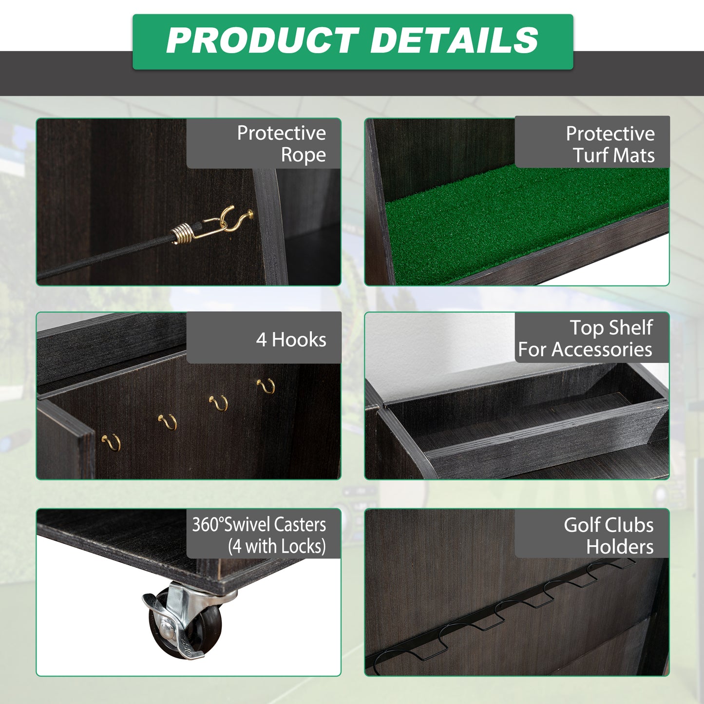 Gray Wooden Golf Bag Storage Rack with 3 Drawers, Holds 2 Stand Bags & 14+ Clubs, Organizer for Golf Balls, Shoes & Accessories, Heavy Duty for Garage, Indoor Outdoor Use, Easy Assembly