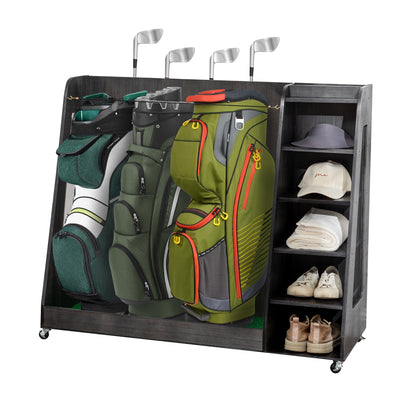 Gray Wooden Golf Bag Storage Rack with 3 Drawers, Holds 2 Stand Bags & 14+ Clubs, Organizer for Golf Balls, Shoes & Accessories, Heavy Duty for Garage, Indoor Outdoor Use, Easy Assembly