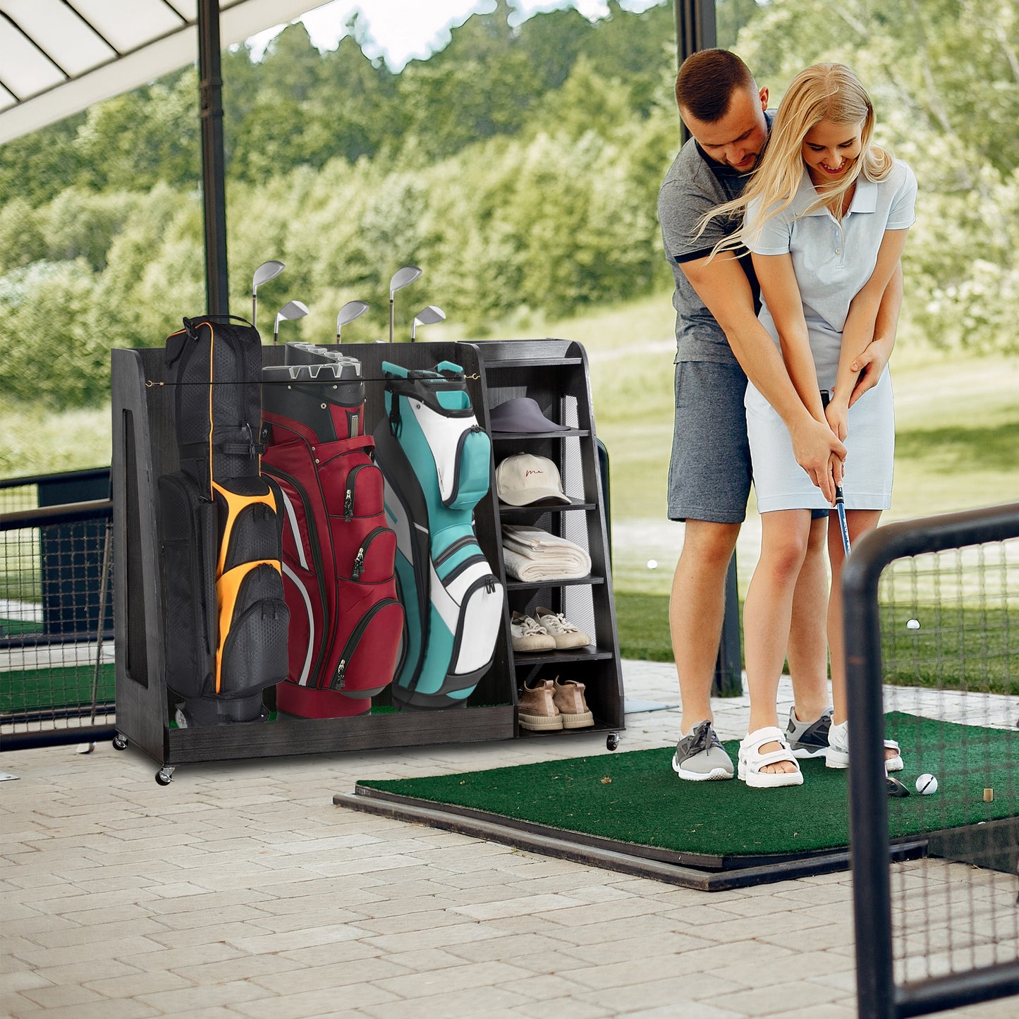 Gray Wooden Golf Bag Storage Rack with 3 Drawers, Holds 2 Stand Bags & 14+ Clubs, Organizer for Golf Balls, Shoes & Accessories, Heavy Duty for Garage, Indoor Outdoor Use, Easy Assembly