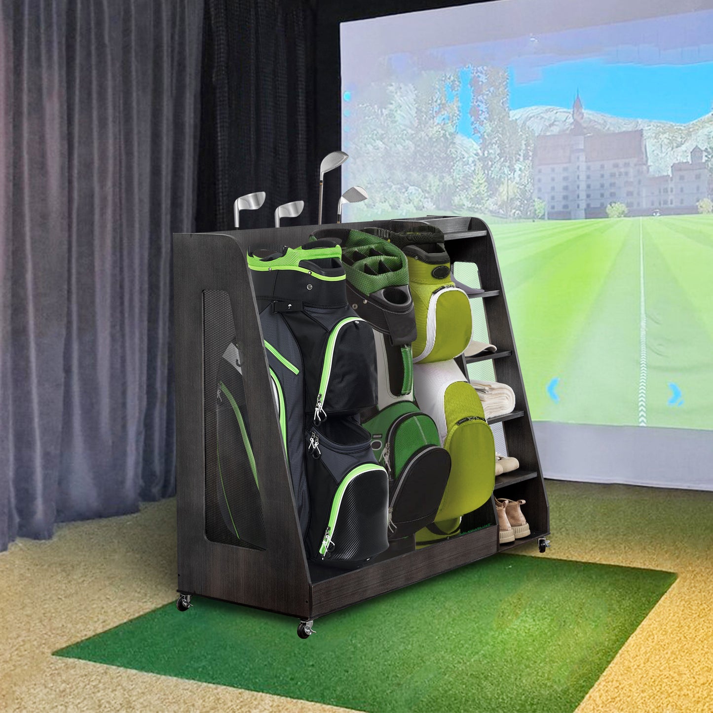 Gray Wooden Golf Bag Storage Rack with 3 Drawers, Holds 2 Stand Bags & 14+ Clubs, Organizer for Golf Balls, Shoes & Accessories, Heavy Duty for Garage, Indoor Outdoor Use, Easy Assembly