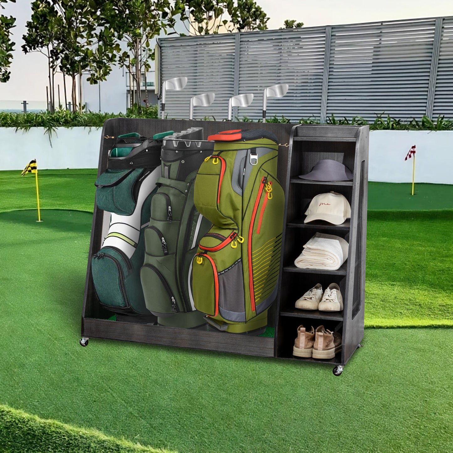 Gray Wooden Golf Bag Storage Rack with 3 Drawers, Holds 2 Stand Bags & 14+ Clubs, Organizer for Golf Balls, Shoes & Accessories, Heavy Duty for Garage, Indoor Outdoor Use, Easy Assembly