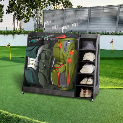 Gray Wooden Golf Bag Storage Rack with 3 Drawers, Holds 2 Stand Bags & 14+ Clubs, Organizer for Golf Balls, Shoes & Accessories, Heavy Duty for Garage, Indoor Outdoor Use, Easy Assembly