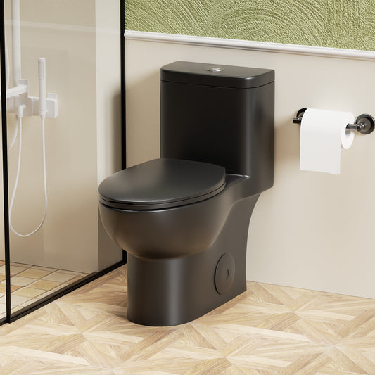 1.1/1.6 GPF Tornado Flush One-Piece Toilet with Comfort Chair Seat ADA Height 17", Powerful & Quiet Dual Flush Modern Toilet,Siphonic S-trap 12",Rimless Bowl with Soft Closing Seat, Matt Black MB-006.