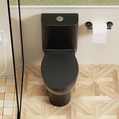 1.1/1.6 GPF Tornado Flush One-Piece Toilet with Comfort Chair Seat ADA Height 17", Powerful & Quiet Dual Flush Modern Toilet,Siphonic S-trap 12",Rimless Bowl with Soft Closing Seat, Matt Black MB-006.