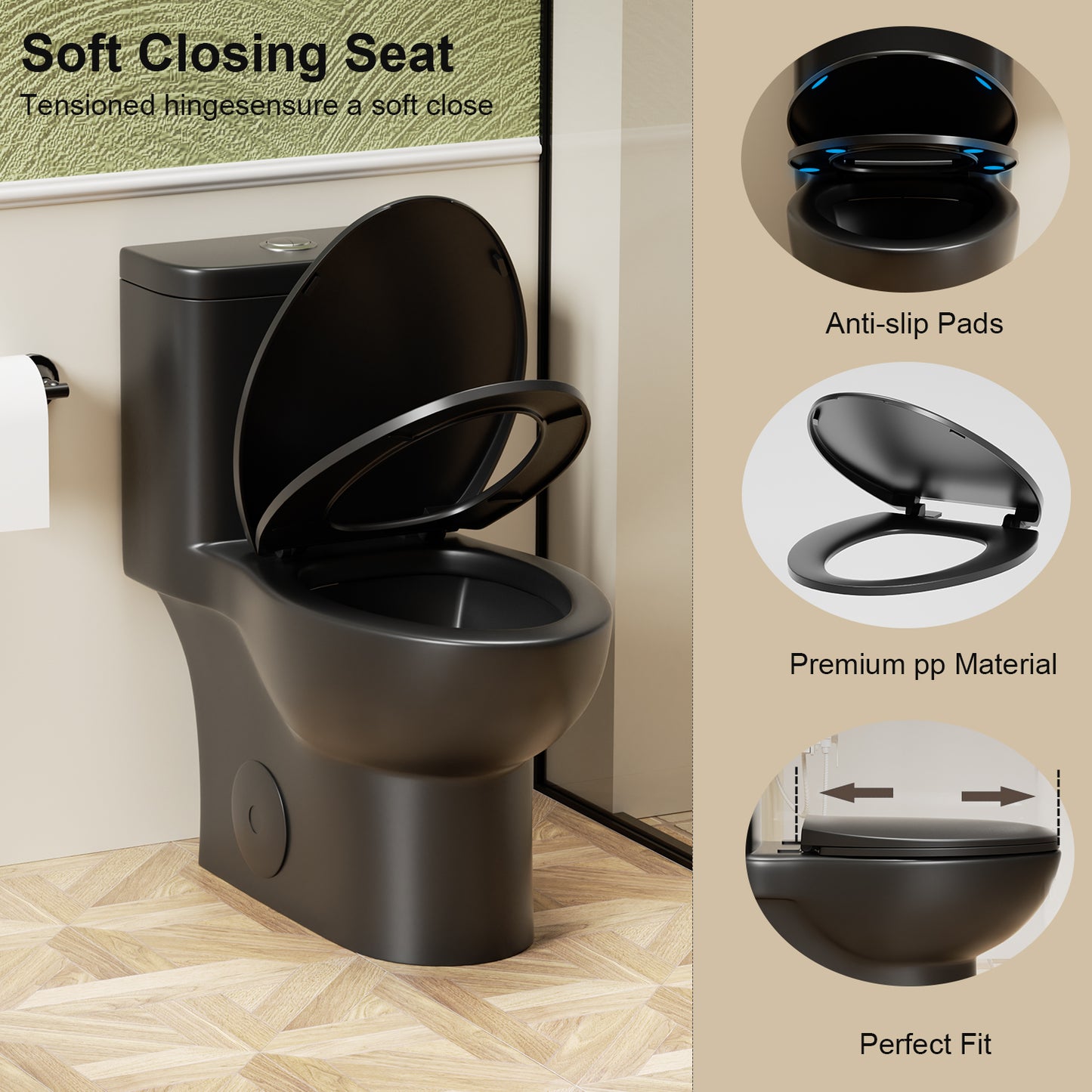 1.1/1.6 GPF Tornado Flush One-Piece Toilet with Comfort Chair Seat ADA Height 17", Powerful & Quiet Dual Flush Modern Toilet,Siphonic S-trap 12",Rimless Bowl with Soft Closing Seat, Matt Black MB-006.
