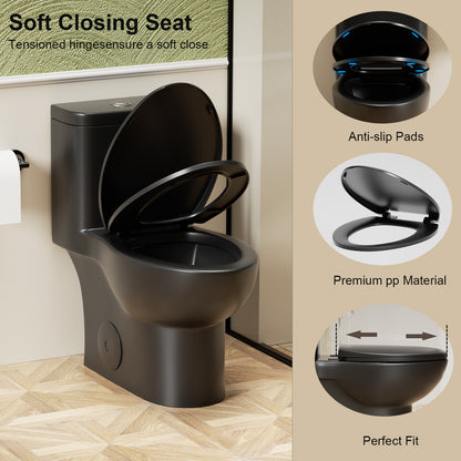 1.1/1.6 GPF Tornado Flush One-Piece Toilet with Comfort Chair Seat ADA Height 17", Powerful & Quiet Dual Flush Modern Toilet,Siphonic S-trap 12",Rimless Bowl with Soft Closing Seat, Matt Black MB-006.
