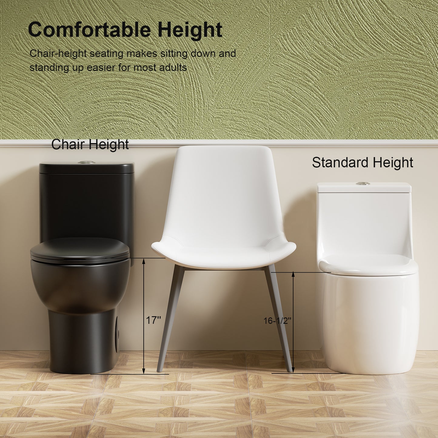 1.1/1.6 GPF Tornado Flush One-Piece Toilet with Comfort Chair Seat ADA Height 17", Powerful & Quiet Dual Flush Modern Toilet,Siphonic S-trap 12",Rimless Bowl with Soft Closing Seat, Matt Black MB-006.