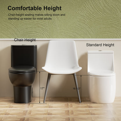 1.1/1.6 GPF Tornado Flush One-Piece Toilet with Comfort Chair Seat ADA Height 17", Powerful & Quiet Dual Flush Modern Toilet,Siphonic S-trap 12",Rimless Bowl with Soft Closing Seat, Matt Black MB-006.