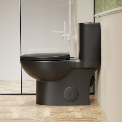 1.1/1.6 GPF Tornado Flush One-Piece Toilet with Comfort Chair Seat ADA Height 17", Powerful & Quiet Dual Flush Modern Toilet,Siphonic S-trap 12",Rimless Bowl with Soft Closing Seat, Matt Black MB-006.