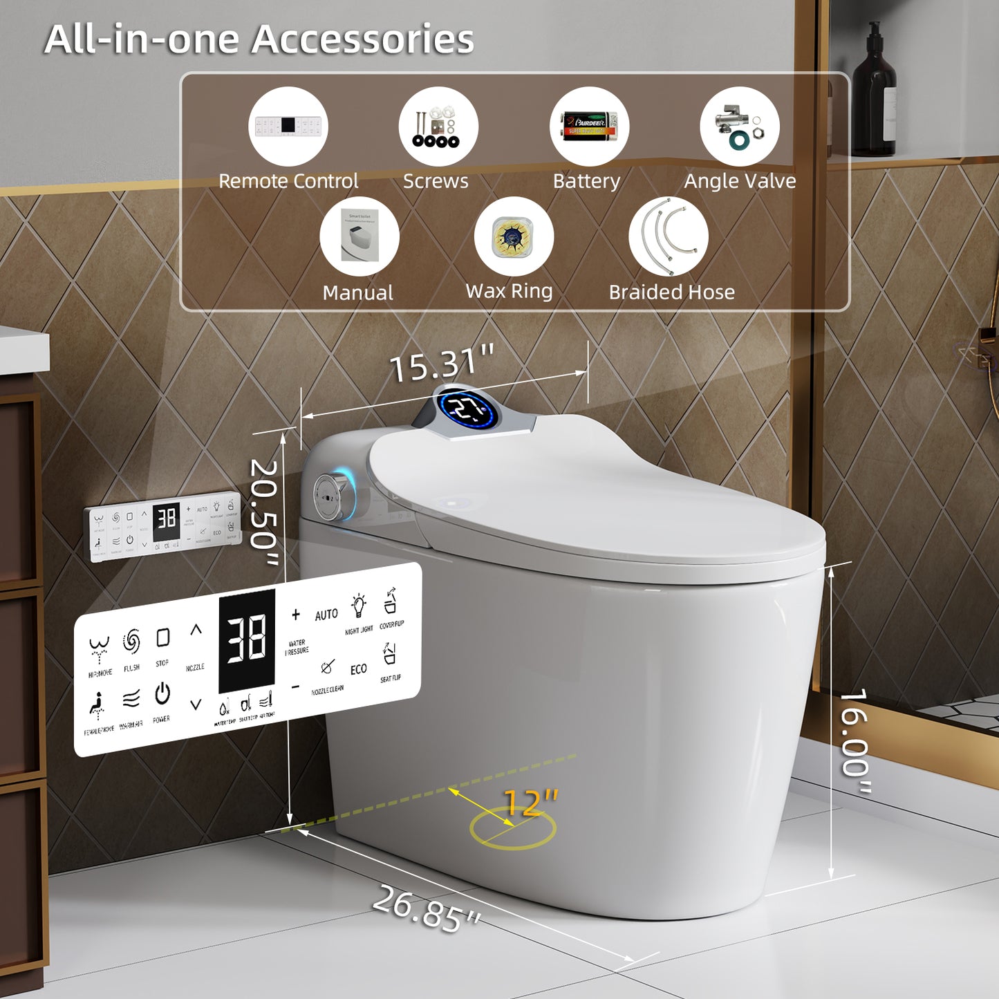 Smart Toilet Bidet Combo with Foot Sensor Open Cover/Seat, Self-Cleaning Nozzle, LED Display, Three Level Heated Seat/Airflow, Night Light, Knob Control, Soft Close, Auto Flush, with Remote Control