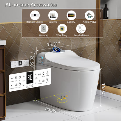 Smart Toilet Bidet Combo with Foot Sensor Open Cover/Seat, Self-Cleaning Nozzle, LED Display, Three Level Heated Seat/Airflow, Night Light, Knob Control, Soft Close, Auto Flush, with Remote Control