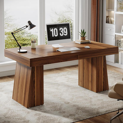 63" Modern Executive Desk, Large Home Office Computer Workstation with Sturdy Double Pedestal Base, Elegant Study & Writing Table for Business & Gaming