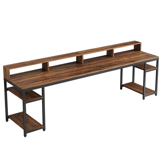 Two Person Desk with Monitor Stand, 78.74" Long Double Computer Office Desk with Storage Shelves, Large Gaming Study Writing Table Workstation for Home Office (Rustic Brown)