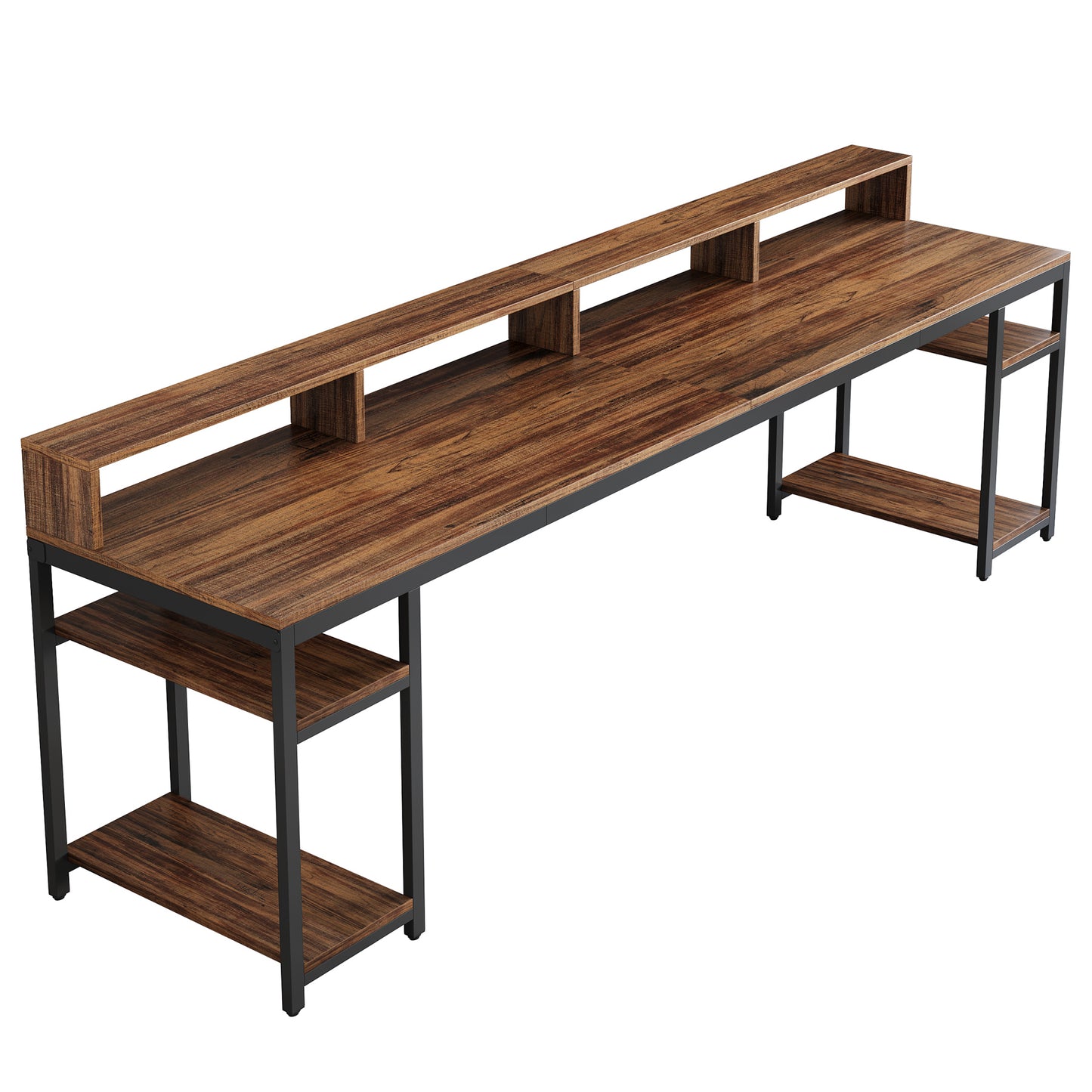 Two Person Desk with Monitor Stand, 78.74" Long Double Computer Office Desk with Storage Shelves, Large Gaming Study Writing Table Workstation for Home Office (Rustic Brown)