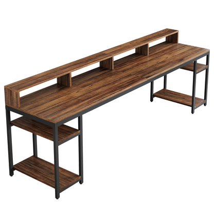 Two Person Desk with Monitor Stand, 78.74" Long Double Computer Office Desk with Storage Shelves, Large Gaming Study Writing Table Workstation for Home Office (Rustic Brown)