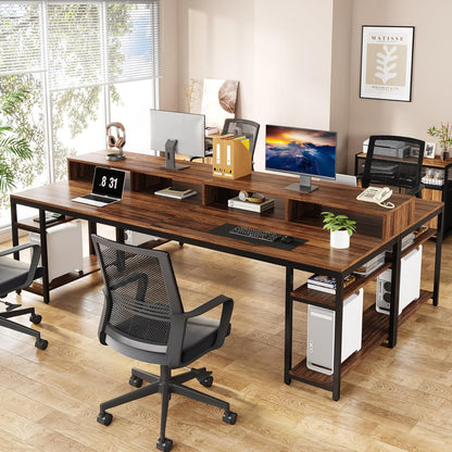 Two Person Desk with Monitor Stand, 78.74" Long Double Computer Office Desk with Storage Shelves, Large Gaming Study Writing Table Workstation for Home Office (Rustic Brown)