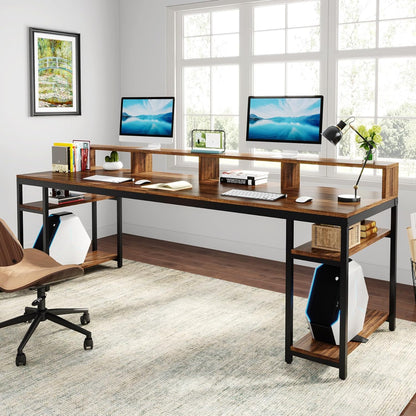 Two Person Desk with Monitor Stand, 78.74" Long Double Computer Office Desk with Storage Shelves, Large Gaming Study Writing Table Workstation for Home Office (Rustic Brown)