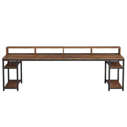 Two Person Desk with Monitor Stand, 78.74" Long Double Computer Office Desk with Storage Shelves, Large Gaming Study Writing Table Workstation for Home Office (Rustic Brown)