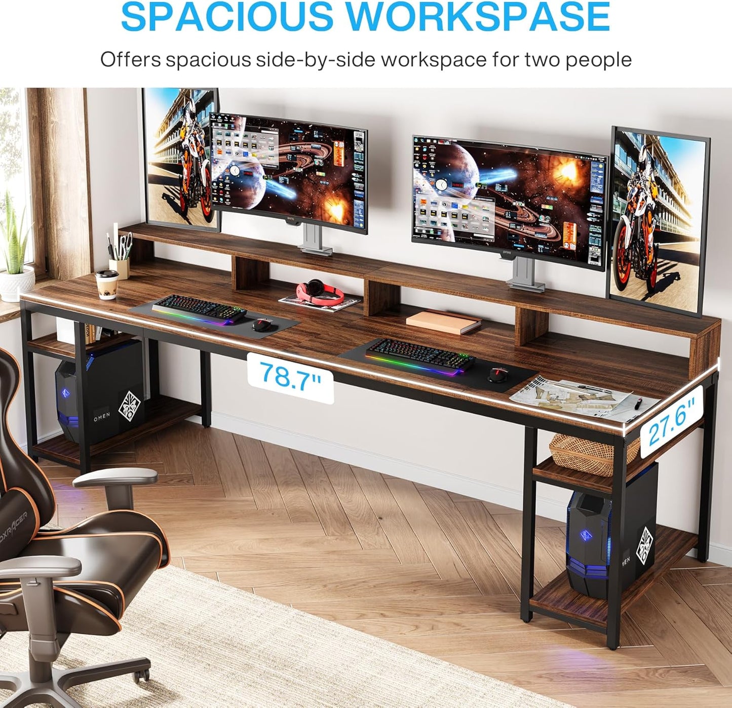Two Person Desk with Monitor Stand, 78.74" Long Double Computer Office Desk with Storage Shelves, Large Gaming Study Writing Table Workstation for Home Office (Rustic Brown)
