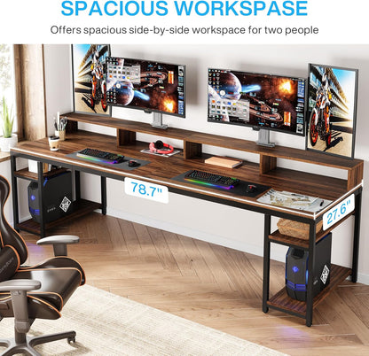 Two Person Desk with Monitor Stand, 78.74" Long Double Computer Office Desk with Storage Shelves, Large Gaming Study Writing Table Workstation for Home Office (Rustic Brown)