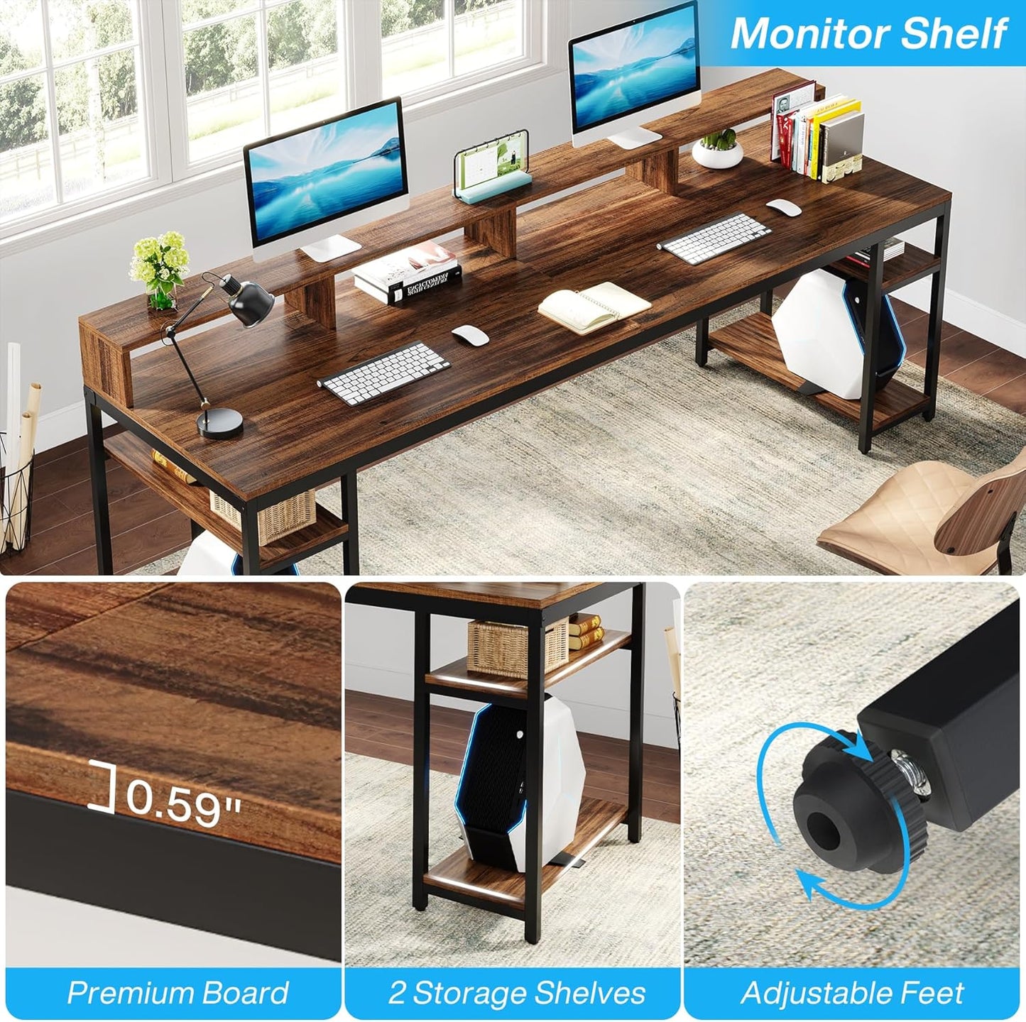 Two Person Desk with Monitor Stand, 78.74" Long Double Computer Office Desk with Storage Shelves, Large Gaming Study Writing Table Workstation for Home Office (Rustic Brown)