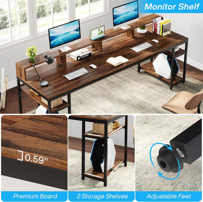Two Person Desk with Monitor Stand, 78.74" Long Double Computer Office Desk with Storage Shelves, Large Gaming Study Writing Table Workstation for Home Office (Rustic Brown)