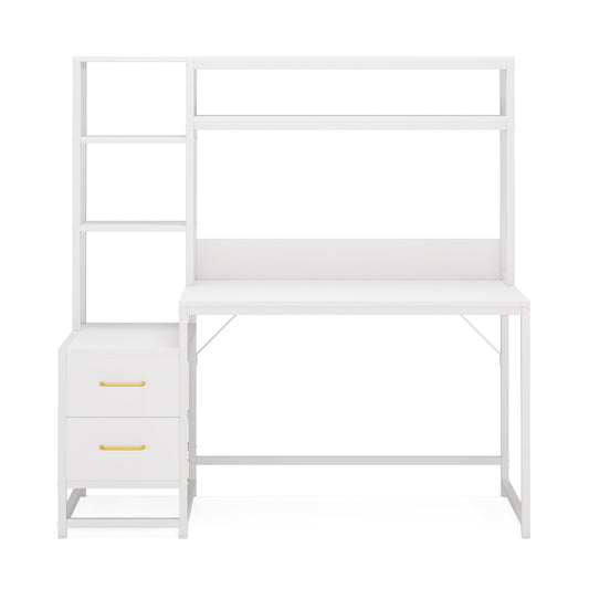 55 Inches White Computer Desk with Hutch, 2 Drawers & Open Shelves – Modern Home Office Desk with Storage, Writing & Gaming Workstation for Study, Bedroom or Small Spaces