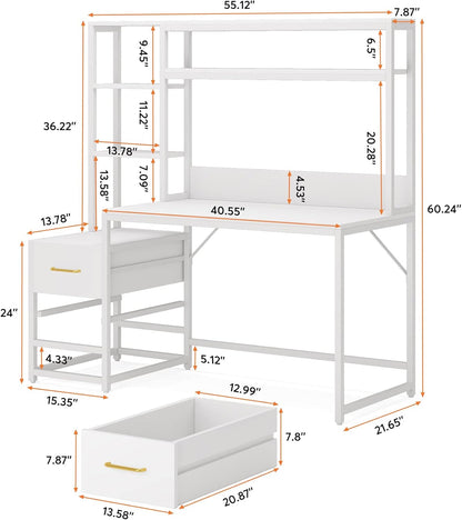 55 Inches White Computer Desk with Hutch, 2 Drawers & Open Shelves – Modern Home Office Desk with Storage, Writing & Gaming Workstation for Study, Bedroom or Small Spaces