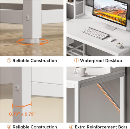 55 Inches White Computer Desk with Hutch, 2 Drawers & Open Shelves – Modern Home Office Desk with Storage, Writing & Gaming Workstation for Study, Bedroom or Small Spaces