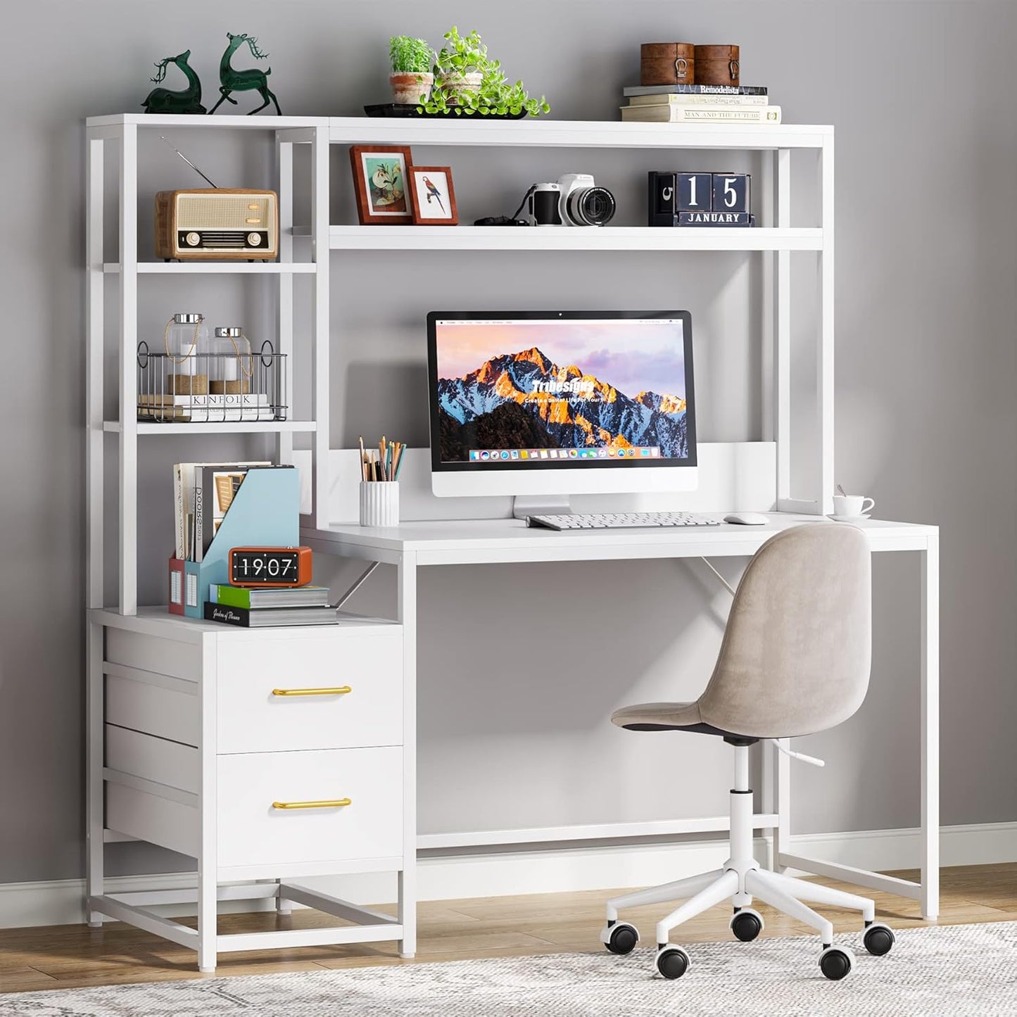 55 Inches White Computer Desk with Hutch, 2 Drawers & Open Shelves – Modern Home Office Desk with Storage, Writing & Gaming Workstation for Study, Bedroom or Small Spaces