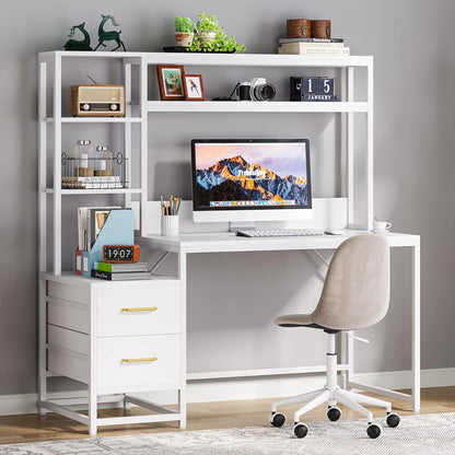 55 Inches White Computer Desk with Hutch, 2 Drawers & Open Shelves – Modern Home Office Desk with Storage, Writing & Gaming Workstation for Study, Bedroom or Small Spaces