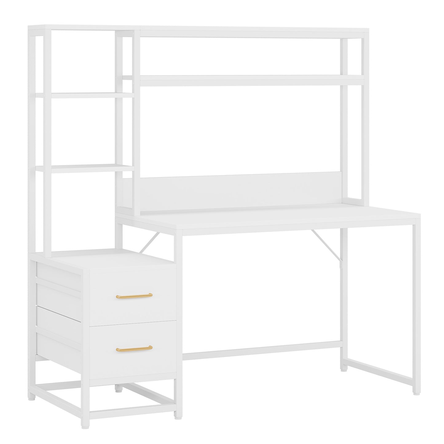 55 Inches White Computer Desk with Hutch, 2 Drawers & Open Shelves – Modern Home Office Desk with Storage, Writing & Gaming Workstation for Study, Bedroom or Small Spaces