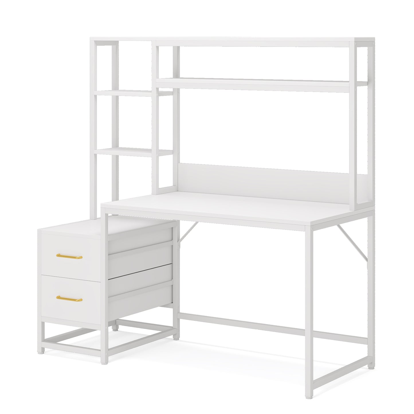 55 Inches White Computer Desk with Hutch, 2 Drawers & Open Shelves – Modern Home Office Desk with Storage, Writing & Gaming Workstation for Study, Bedroom or Small Spaces