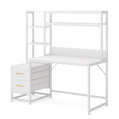 55 Inches White Computer Desk with Hutch, 2 Drawers & Open Shelves – Modern Home Office Desk with Storage, Writing & Gaming Workstation for Study, Bedroom or Small Spaces