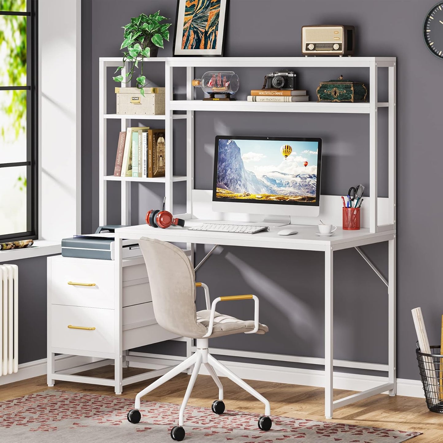 55 Inches White Computer Desk with Hutch, 2 Drawers & Open Shelves – Modern Home Office Desk with Storage, Writing & Gaming Workstation for Study, Bedroom or Small Spaces