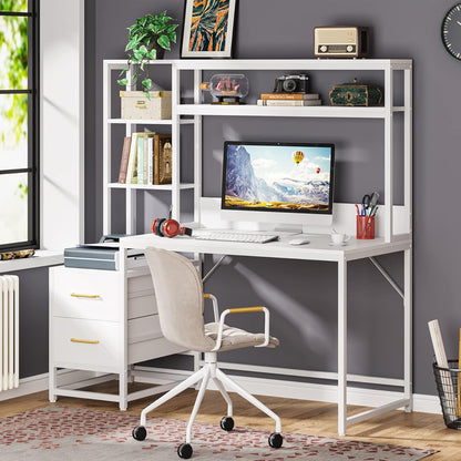 55 Inches White Computer Desk with Hutch, 2 Drawers & Open Shelves – Modern Home Office Desk with Storage, Writing & Gaming Workstation for Study, Bedroom or Small Spaces