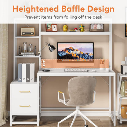 55 Inches White Computer Desk with Hutch, 2 Drawers & Open Shelves – Modern Home Office Desk with Storage, Writing & Gaming Workstation for Study, Bedroom or Small Spaces