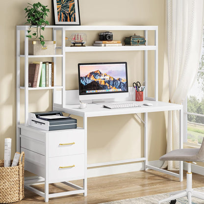 55 Inches White Computer Desk with Hutch, 2 Drawers & Open Shelves – Modern Home Office Desk with Storage, Writing & Gaming Workstation for Study, Bedroom or Small Spaces