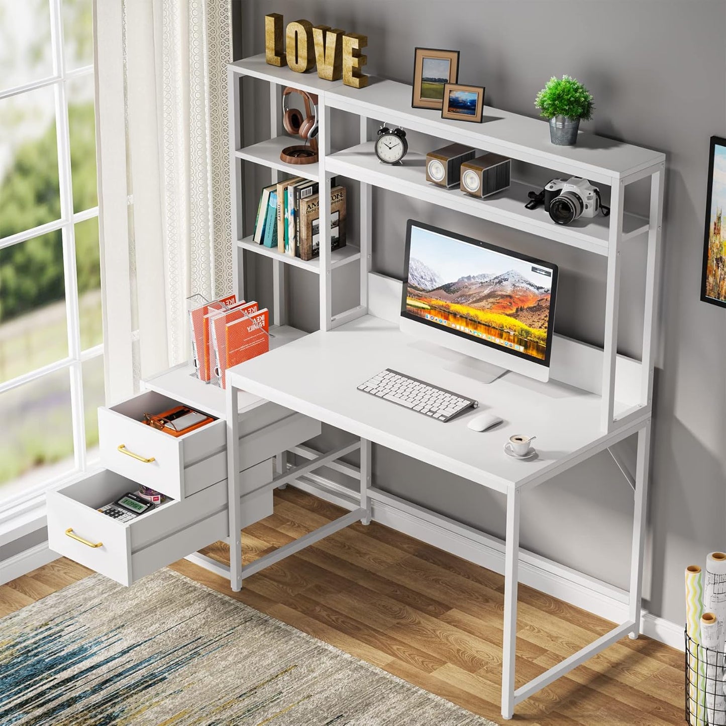 55 Inches White Computer Desk with Hutch, 2 Drawers & Open Shelves – Modern Home Office Desk with Storage, Writing & Gaming Workstation for Study, Bedroom or Small Spaces