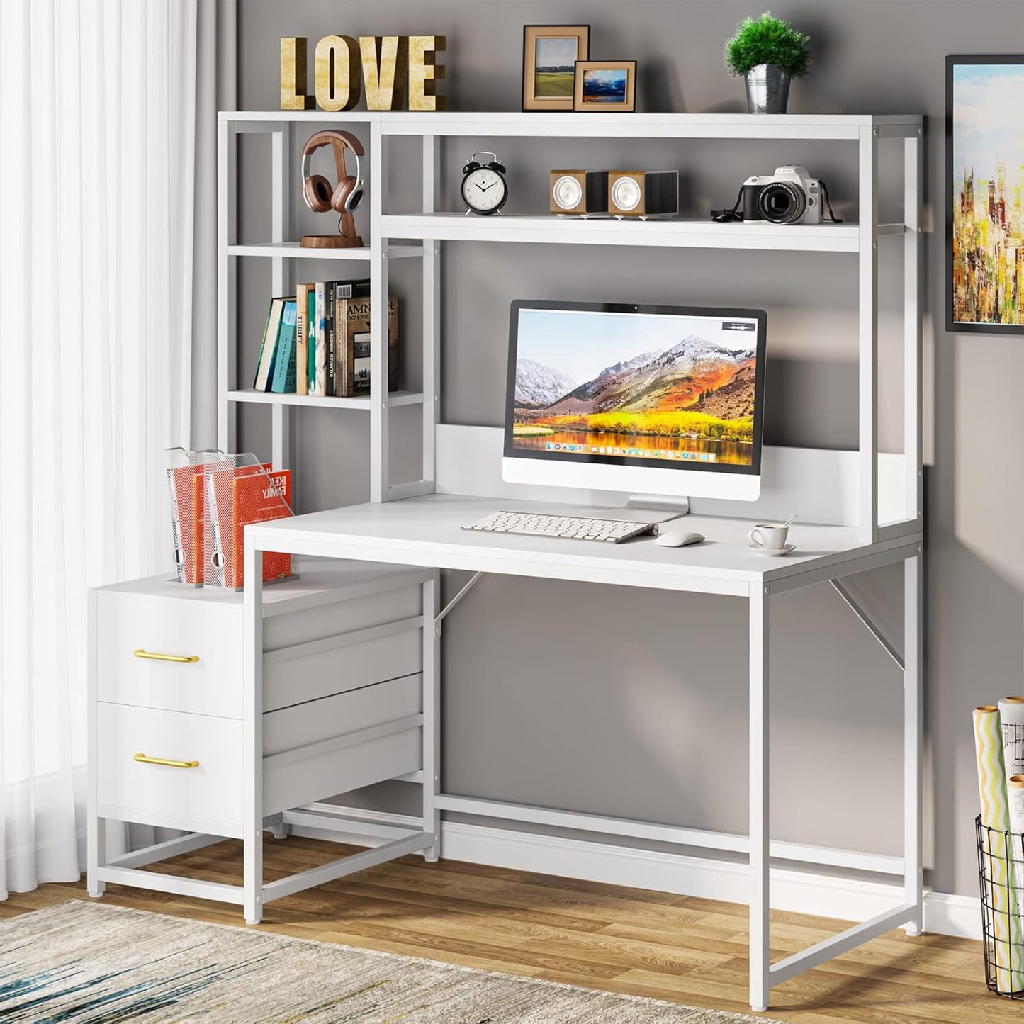 55 Inches White Computer Desk with Hutch, 2 Drawers & Open Shelves – Modern Home Office Desk with Storage, Writing & Gaming Workstation for Study, Bedroom or Small Spaces