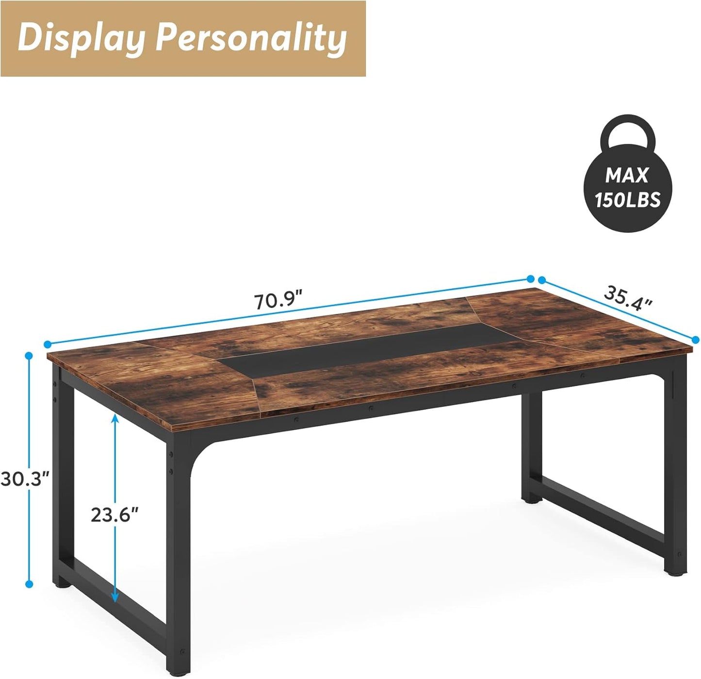 71" Industrial Dining Table for 6–8 People, Rustic Rectangular Kitchen & Dining Room Table with Heavy-Duty Metal Frame, Workstation or Game Night – Rustic Brown & Black