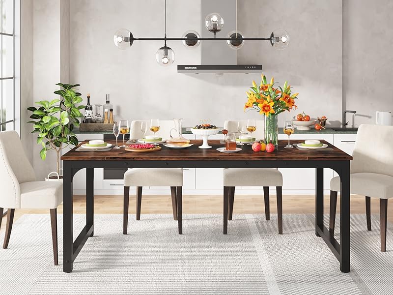 71" Industrial Dining Table for 6–8 People, Rustic Rectangular Kitchen & Dining Room Table with Heavy-Duty Metal Frame, Workstation or Game Night – Rustic Brown & Black