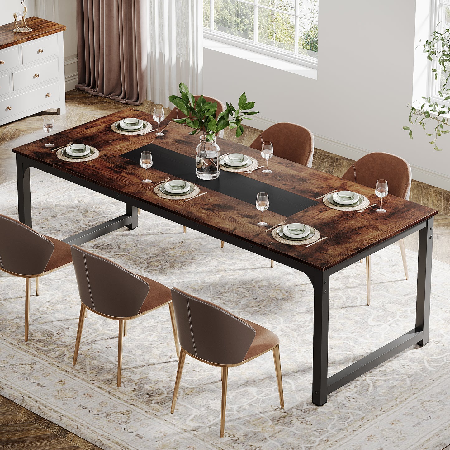 71" Industrial Dining Table for 6–8 People, Rustic Rectangular Kitchen & Dining Room Table with Heavy-Duty Metal Frame, Workstation or Game Night – Rustic Brown & Black