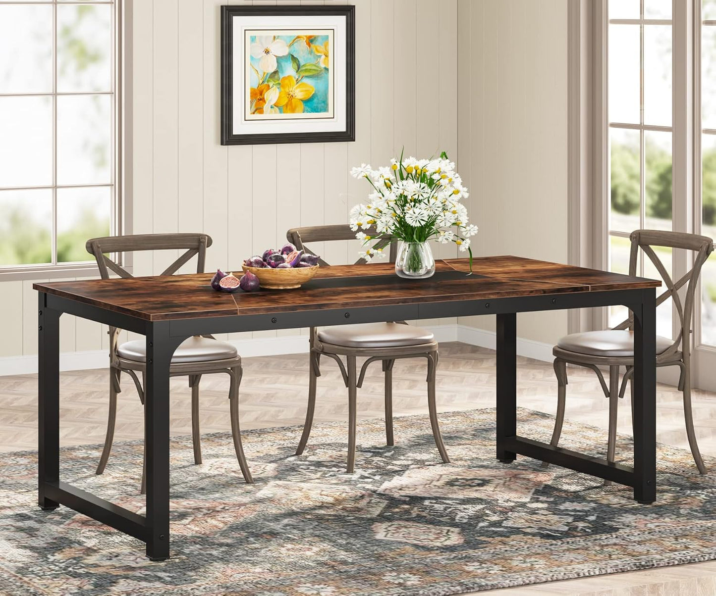 71" Industrial Dining Table for 6–8 People, Rustic Rectangular Kitchen & Dining Room Table with Heavy-Duty Metal Frame, Workstation or Game Night – Rustic Brown & Black