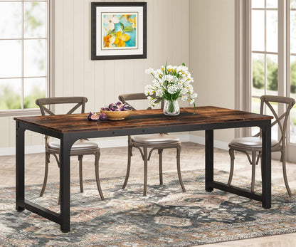 71" Industrial Dining Table for 6–8 People, Rustic Rectangular Kitchen & Dining Room Table with Heavy-Duty Metal Frame, Workstation or Game Night – Rustic Brown & Black