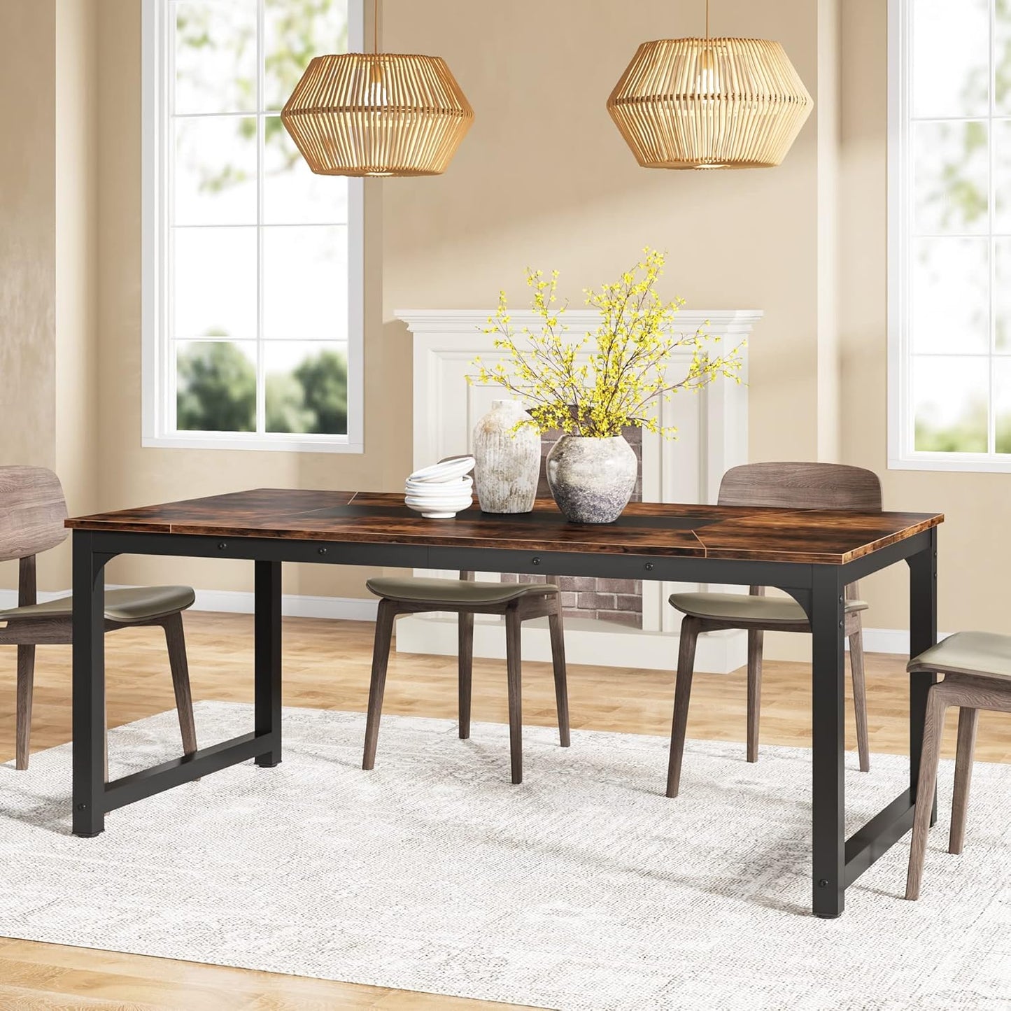 71" Industrial Dining Table for 6–8 People, Rustic Rectangular Kitchen & Dining Room Table with Heavy-Duty Metal Frame, Workstation or Game Night – Rustic Brown & Black