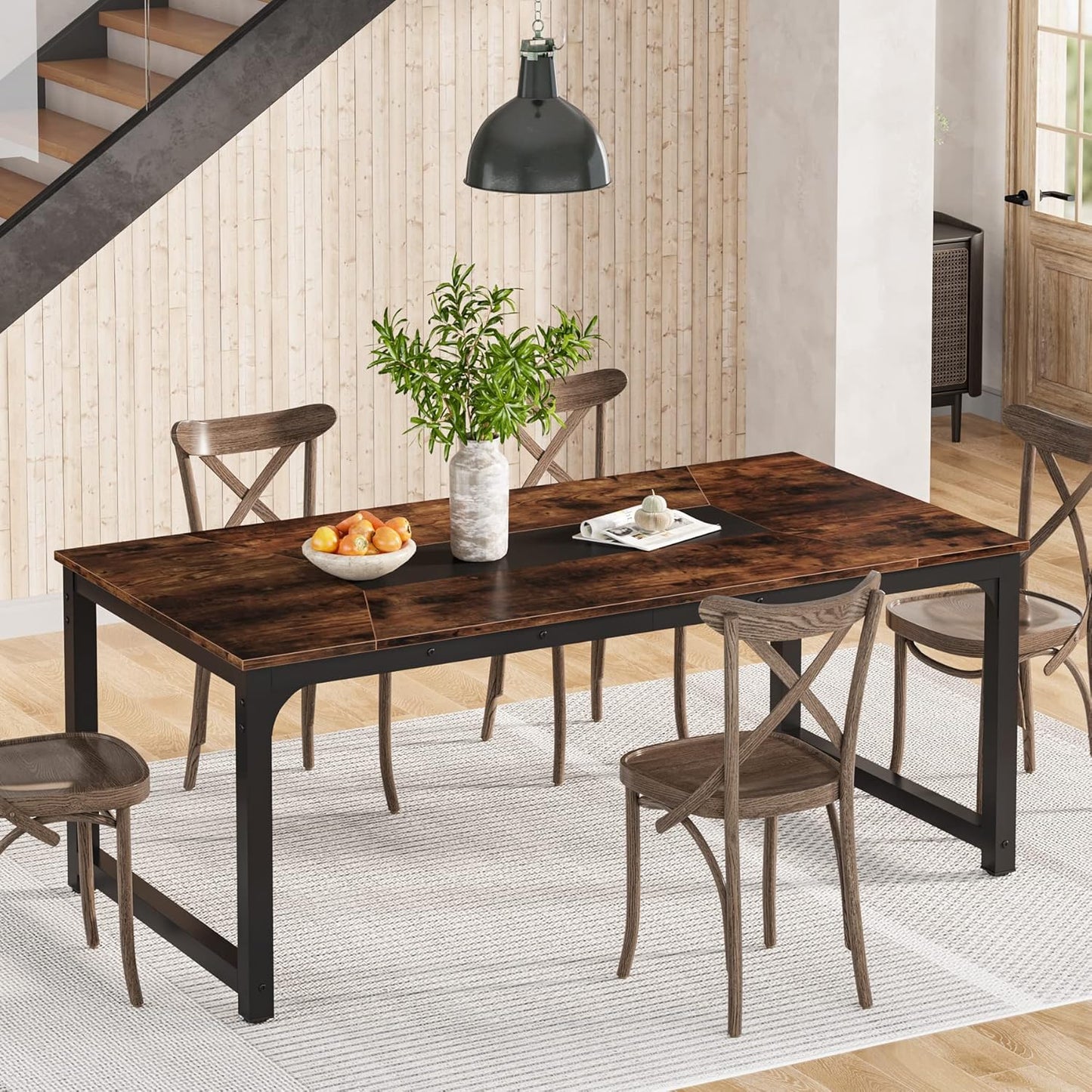 71" Industrial Dining Table for 6–8 People, Rustic Rectangular Kitchen & Dining Room Table with Heavy-Duty Metal Frame, Workstation or Game Night – Rustic Brown & Black