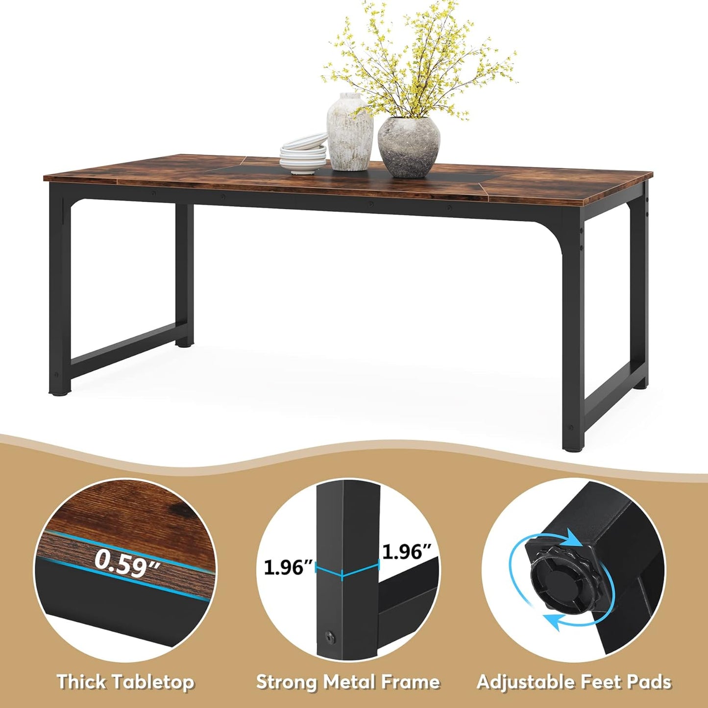 71" Industrial Dining Table for 6–8 People, Rustic Rectangular Kitchen & Dining Room Table with Heavy-Duty Metal Frame, Workstation or Game Night – Rustic Brown & Black